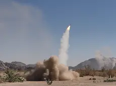 epa11074271 A handout photo made available by the Houthis Media Center on 13 January 2024 shows a projectile being launched during a military exercise near the Yemen-Saudi Arabia border at Al-Baqaa area in the northern province of Saada, Yemen, 11 January 2024. The Houthi-run al-Masirah TV has reported that new airstrikes were carried out on 13 January 2024 on a Houthi military site in Sana'a, a day after the United States and Britain carried out military strikes on several Houthis-controlled sites in Yemen in response to recent Houthis attacks on ships in the Red Sea. The US Department of Defense in December 2023 announced a multinational operation to safeguard trade and to protect ships in the Red Sea amid the recent escalation in Houthi attacks. Houthis vowed to attack Israeli-bound ships and prevent them from navigating in the Red Sea and the Bab al-Mandab Strait in retaliation for Israel's airstrikes on the Gaza Strip. EPA/HOUTHIS MEDIA CENTER HANDOUT -- BEST QUALITY AVAILABLE -- HANDOUT EDITORIAL USE ONLY/NO SALES HANDOUT EDITORIAL USE ONLY/NO SALES