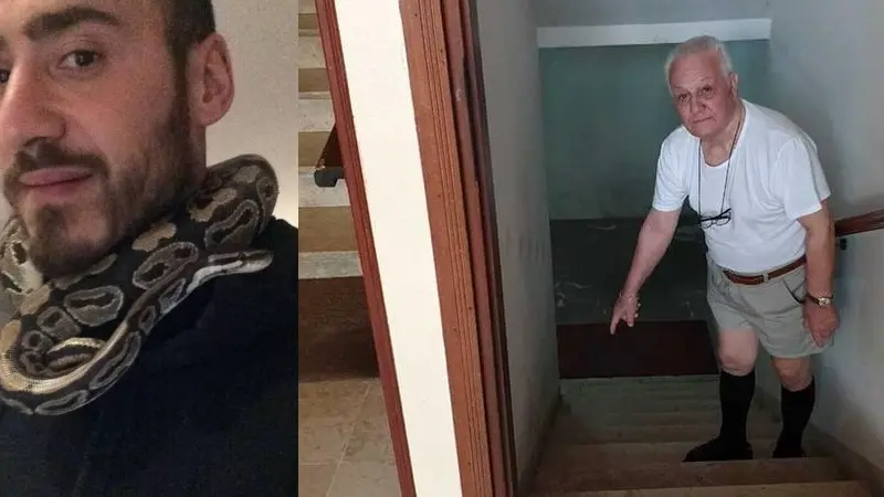 Marco Biasetto è il proprietario del pitone (foto dal suo profilo Fb); a destra, Sante Gardiman indica il punto dove ha trovato il rettile