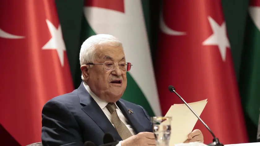 epa11200829 Palestinian President Mahmoud Abbas attends a press conference with Turkish president following their meeting in Ankara, Turkey, 05 March 2024. Abbas is in Turkey for an official visit. EPA/NECATI SAVAS