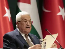 epa11200829 Palestinian President Mahmoud Abbas attends a press conference with Turkish president following their meeting in Ankara, Turkey, 05 March 2024. Abbas is in Turkey for an official visit. EPA/NECATI SAVAS