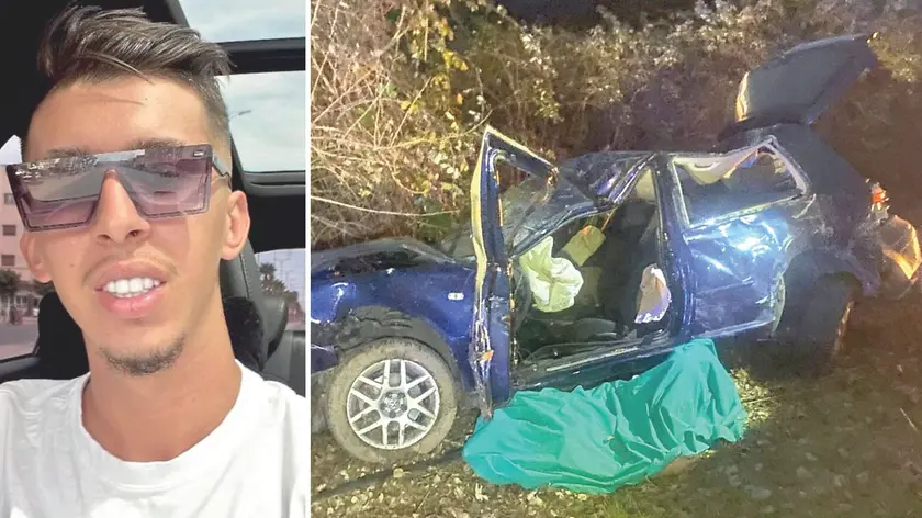 Il 25enne Salah Eddine Cancian e la sua auto distrutta dopo l'uscita di strada
