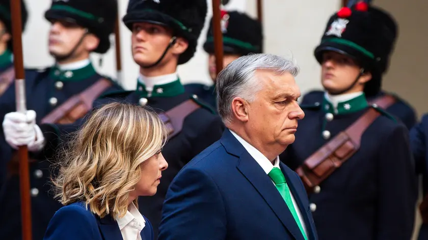 Italian Prime Minister Giorgia Meloni welcomes Hungarian Prime Minister Viktor Orban prior to a meeting at Chigi Palace, in Rome, Italy, 24 June 2024. ANSA/ANGELO CARCONI