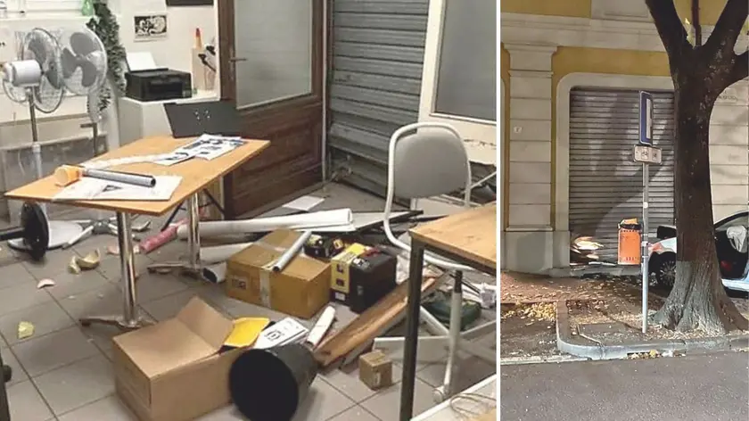Danni ingenti dopo lo schianto di un'auto contro la serranda dell’associazione culturale Spazio35 (foto Petrussi)