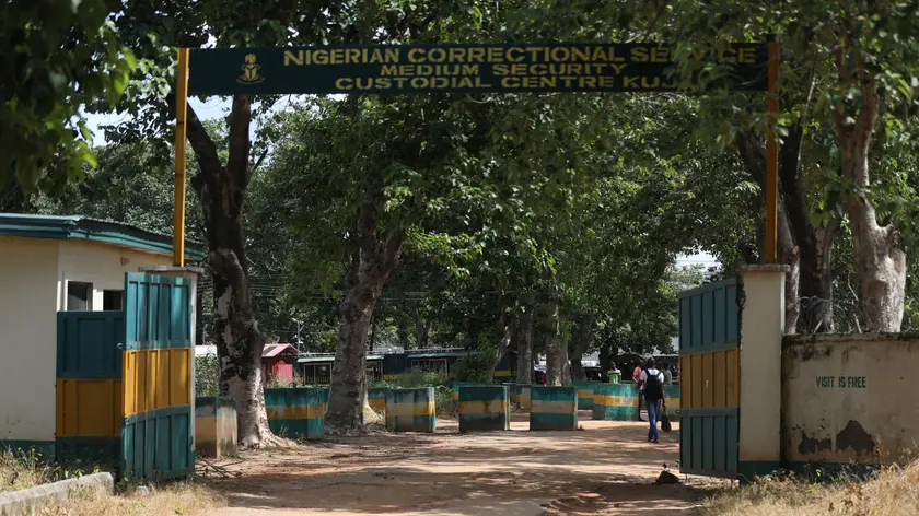 epa10055816 Gate of the Kuje Medium prison in Abuja, Nigeria, 06 July 2022. Boko Haram gunmen are suspected of attacking the Kuje Medium Prison. Some 400 inmates are missing. EPA/STRINGER