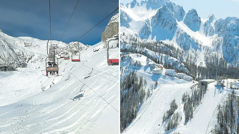 Da sinistra un tratto della Di Prampero e la seggiovia Gilberti a Sella Nevea