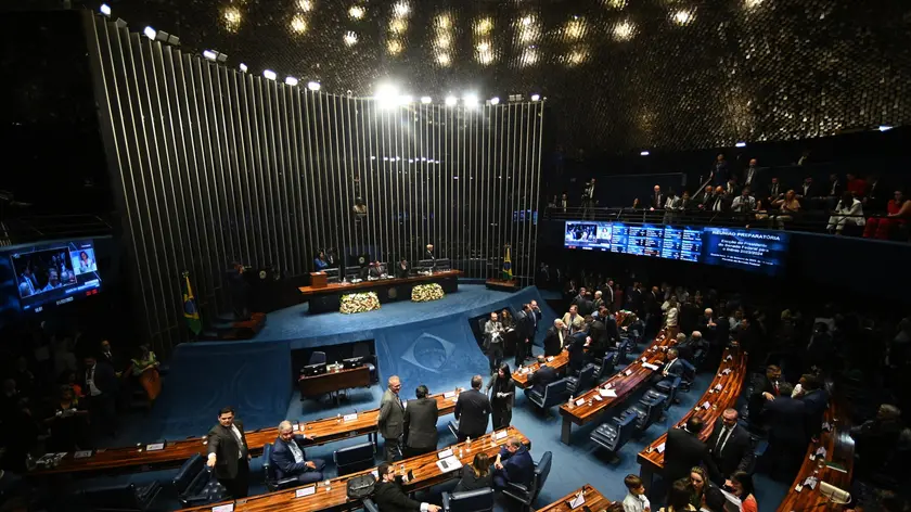epa10443293 A plenary session at the National Congress of Brazil to inaugurate its new deputies and senators, in Brasilia, Brazil, 01 February 2023. The Brazilian National Congress inaugurates the new legislative year on 01 February with a mostly conservative composition, which came out of the polls last October, in the same process in which Lula defeated the far-right Jair Bolsonaro. EPA/Andre Borges