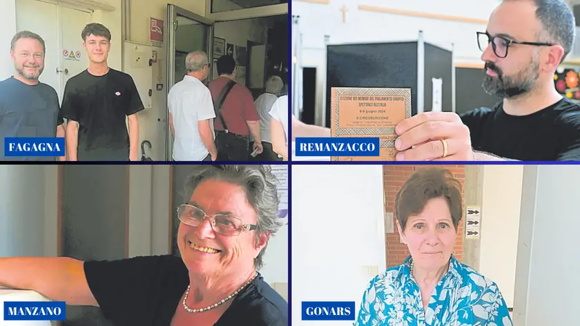 A partire da sinistra, in alto: il diciottenne Sebastiano al seggio con il padre; lavoro in un seggio di Remanzacco; Maria Formica tra le prime persone a votare a Manzano; Paolina Tuan è stata la prima a votare a Gonars (Foto Petrussi)