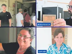 A partire da sinistra, in alto: il diciottenne Sebastiano al seggio con il padre; lavoro in un seggio di Remanzacco; Maria Formica tra le prime persone a votare a Manzano; Paolina Tuan è stata la prima a votare a Gonars (Foto Petrussi)
