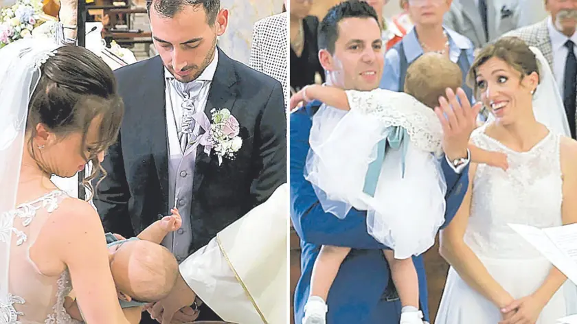 A sinistra Manuela e Julian con il loro piccolo, a destra i sorrisi di Chiara ed Emanuel con la loro bambina (foto Petrussi)