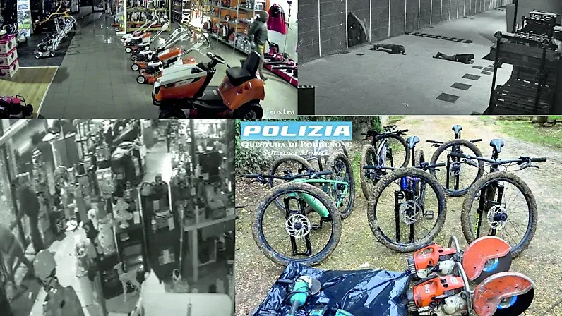 I ladri dentro al Mania green: in alto a destra mentre sctrisciano per eludere i sensori di movimento, sotto parte della refurtiva recuperata