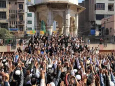 epaselect epa11174615 Supporters of Muttahida Shariat Mahaz Pakistan conservative party gather to protest against a recent judgement passed by the Chief Justice of Pakistan, Qazi Faez Isa, in Peshawar, Pakistan, 23 February 2024. Supporters of Pakistani Islamist parties rallied against the Chief Justice's remarks, alleging blasphemy. The protest, led by groups including Tehreek-e-Labaik Pakistan, denounced Chief Justice Qazi Faez Isa's comments in a case involving an Ahmadi community member. The court's decision to grant bail to the accused, who faced blasphemy charges for distributing Islamic literature, sparked outrage. Police warned protesters to remain peaceful as demonstrations erupted in cities like Karachi and Peshawar. The Supreme Court refuted allegations, calling the campaign against Chief Justice Isa 'absolutely wrong,' amid claims linking the controversy to political motives, including grievances against former Prime Minister Imran Khan. EPA/BILAWAL ARBAB