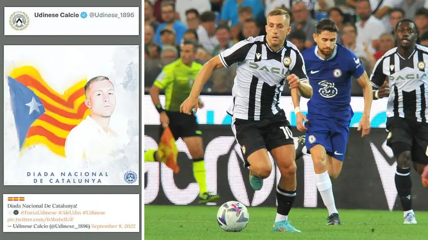 Il post “sbagliato” pubblicato sui social e prontamente rimosso dal club bianconero e, a destra, l'attaccante Gerard Deulofeu in azione