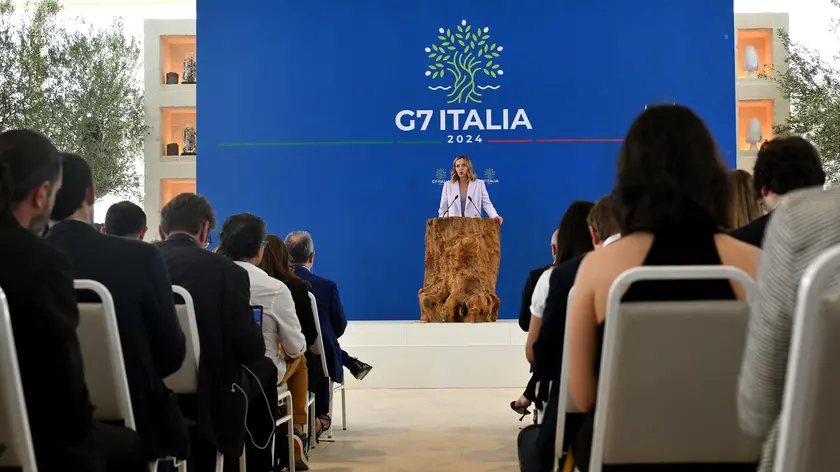 Italian Prime Minister Giorgia Meloni attends a press conference after the G7 summit at Borgo Egnazia resort in Savelletri (Brindisi), southern Italy, 15 June 2024. The 50th G7 summit brings together the Group of Seven member states leaders in Borgo Egnazia resort in southern Italy from 13 to 15 June 2024. ANSA/ETTORE FERRARI