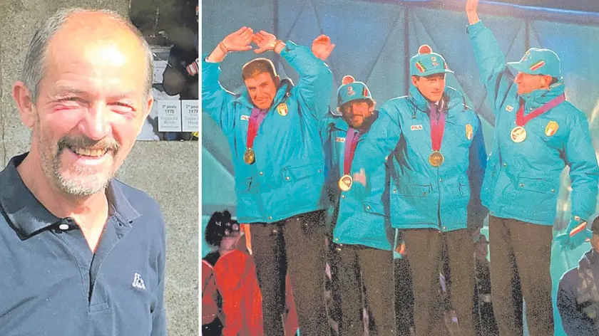 Maurilio De Zolt, 73 anni, nella sua casa di Santo Stefano di Cadore e sul podio della premiazione a Lillehammer (Foto Solero)