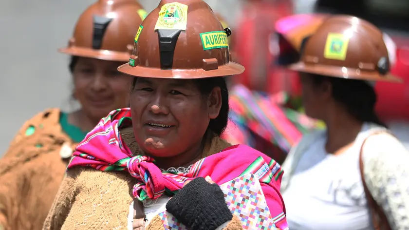 epa10961196 Miners march against restrictions on gold exploitation in protected areas in Bolivia, in La Paz, Bolivia, 06 November 2023. Thousands of cooperative miners from Bolivia marched this 06 November in La Paz to demand that the Government of Luis Arce cancel a rule that prohibits the exploitation of gold in protected areas along with a series of other requests for their sector. EPA/LUIS GANDARILLAS