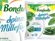 Una busta di spinaci millefoglie della Bonduelle per i quali è stati emesso un avviso di richiamo per "sospetta presenza di foglie di mandragora", Roma, 4 Ottobre 2017. ANSA/ WEB