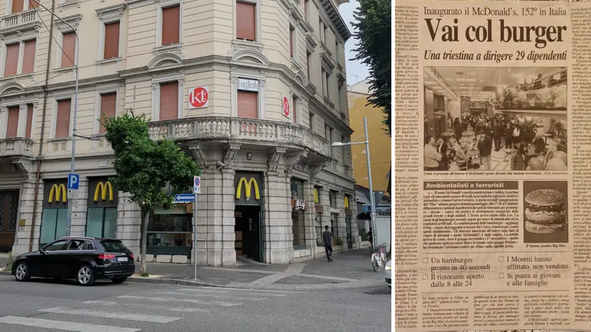 Il McDonald's di via Roma e, a destra, la pagina che il Messaggero Veneto dedicò all'apertura del locale nel 1998