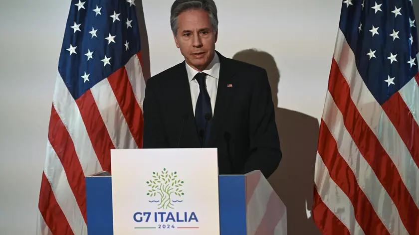 Il segretario di Stato Usa Antony Blinken durante la conferenza stampa al termine del G7 dei ministri degli Esteri a Capri, 19 aprile 2024. /// US Secretary of State Antony Blinken during a press conference at the end of the G7 Foreign Ministers' Meeting in Capri, Italy, 19 April 2024. ANSA/ CIRO FUSCO