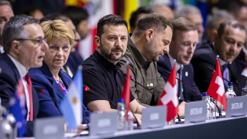 epa11415837 (L-R) Swiss Federal Councillor Ignazio Cassis, Swiss Federal President Viola Amherd, Ukrainian President Volodymyr Zelensky, Ukraine's Head of the Presidential Office of Ukraine Andriy Yermak, and US National Security Advisor Jake Sullivan attend the plenary session of the Summit on Peace in Ukraine in Stansstad near Lucerne, Switzerland, 16 June 2024. International heads of state gathered on 15 and 16 June at the Buergenstock Resort in central Switzerland for the two-day Summit on Peace in Ukraine. EPA/MICHAEL BUHOLZER / POOL EDITORIAL USE ONLY EDITORIAL USE ONLY