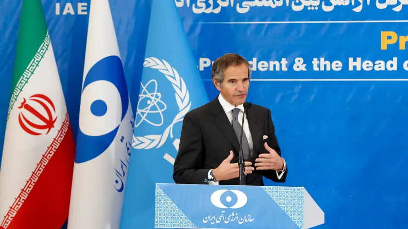 epa10501987 Director General of the International Atomic Energy Agency (IAEA) Rafael Mariano Grossi speaks during a joint press conference with Head of Iran Atomic Energy Organization in Tehran, Iran, 04 March 2023. Grossi is in Tehran to meet with Iranian officials over Iran's nuclear policy. EPA/ABEDIN TAHERKENAREH