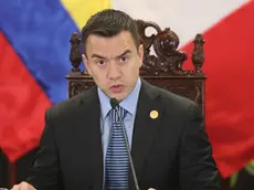 epa11457760 Ecuadorian President Daniel Noboa speaks during the inauguration of the XV Binational Presidents Meeting at the National Palace in Lima, Peru, 04 July 2024. EPA/Paolo Aguilar