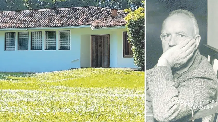 la casa di Zigaina a Cervignano e, a destra, Giuseppe Zigaina ritratto da Mauro Paviotti nel 1991