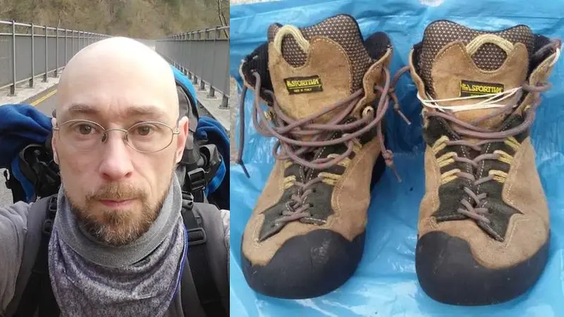 Michele Paolini in una delle sue ultime foto. A destra, gli scarponi trovati nella sua abitazione di via Casasola