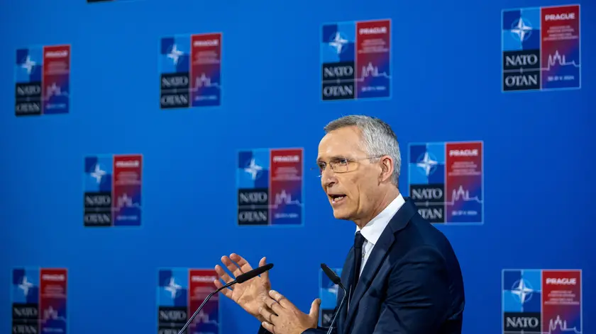 epa11381522 NATO Secretary General Jens Stoltenberg talks to journalist at a press conference following the informal NATO Foreign Ministers Meeting at Czernin Palace, in Prague, Czech Republic, 31 May 2024. The main topic of the two-day informal meeting of NATO foreign ministers was the search for consensus on the Alliance's next steps in support of Ukraine and to discuss priorities for the upcoming NATO Washington Summit. EPA/MARTIN DIVISEK