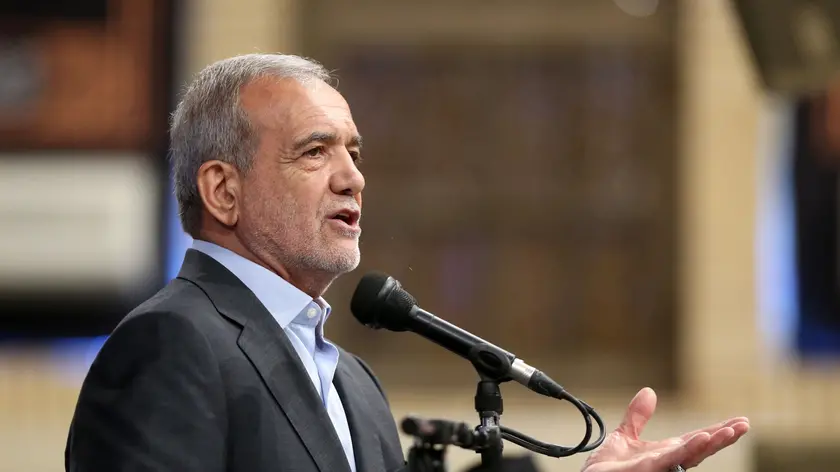 epa11503200 A handout picture made available by the Iranian Supreme Leader's Office shows Iranian President-elect Masoud Pezeshkian speaking during the new president's endorsement ceremony in Tehran, Iran, 28 July 2024. Pezeshkian received the official endorsement letter as the new president from the Iranian supreme leader on 28 July 2024. EPA/IRANIAN SUPREME LEADER'S OFFICE HANDOUT HANDOUT EDITORIAL USE ONLY/NO SALESHANDOUT EDITORIAL USE ONLY/NO SALES