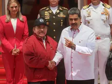 epa11298561 The president of Venezuela Nicolas Maduro (R) receives the president of Nicaragua, Daniel Ortega, who will participate in the ALBA Summit at the Miraflores Palace, in Caracas, Venezuela, 24 April 2024. The XXIII Summit of the Bolivarian Alliance for the Peoples of Our America (ALBA) brings together in Caracas presidents of several bloc countries, among them, the Cuban Miguel Diaz-Canel, the Nicaraguan Daniel Ortega, and the Bolivian Luis Arce, who will meet with their Venezuelan counterpart Nicolas Maduro in a conclave in which they will address issues of common interest. EPA/Miguel Gutierrez