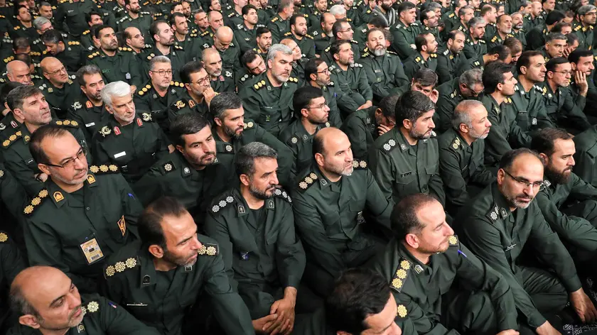 epa10804162 A handout picture made available by the Iran Supreme Leader Office shows commanders and members of Iran's Islamic Revolution Guards Corps (IRGC) attending a meeting with Iranian Supreme Leader Ayatollah Ali Khamenei in Tehran, Iran, 17 August 2023. Khamenei thanked the Iranian Revolutionary Guard Corps (IRGC), calling them one of the main powers of the country and the region. EPA/IRAN SUPREME LEADER OFFICE HANDOUT HANDOUT EDITORIAL USE ONLY/NO SALES