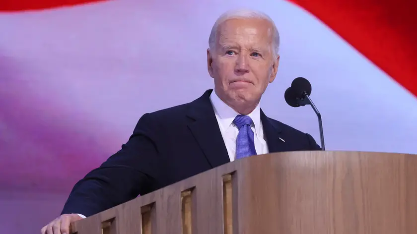 epa11556110 US President Joe Biden addresses the audience on the opening night of the Democratic National Convention (DNC) at the United Center in Chicago, Illinois, USA, 19 August 2024. The 2024 Democratic National Convention is being held from 19 to 22 August 2024, during which delegates of the United States' Democratic Party will vote on the party's platform and ceremonially vote for the party's nominee for president, Vice President Kamala Harris, and for vice president, Governor Tim Walz of Minnesota, for the upcoming presidential election. EPA/JUSTIN LANE