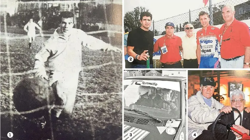 Foto 1. Immagine del "Calcio illustrato" del 1963: gol di Marchiol in Legnano-Entella: Foto 2. Indurain, Marchiol. Mens, FOndrieste e Cainero nel 2000. Foto 3. Marchiol alla guida di una Rtimo 130 l'11 ottobre 2021 a Tolmezzo con Gianni Cocetta. Foto 4 insieme a don Larice