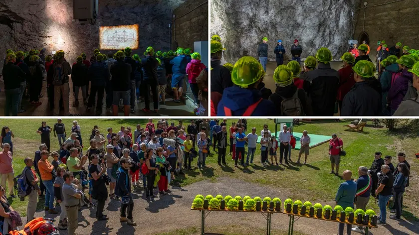 Alcuni visitatori sperimentano il nuovo percorso immersivo all’interno della miniera di Raibl a Tarvisio