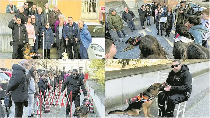 Sopra, la presidente Anfamiv consegna l’attestato di ringraziamento agli studenti. Sotto, l’istruttore con il cane guida Julia (foto Petrussi)