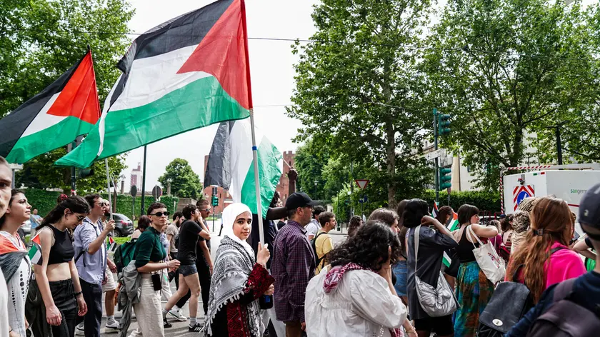 Demonstrators attend a rally in support of Palestinian people, in Turin, Italy, 08 June 2024. ANSA/JESSICA PASQUALON
