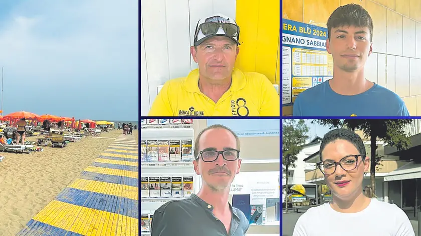 Pienone in spiaggia a Lignano. A partire da sinistra, in alto: Andrea Caralta, Riccardo Frisan, Francesco Daniel Severi, Annabella Hubbard