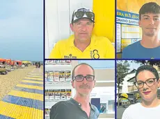 Pienone in spiaggia a Lignano. A partire da sinistra, in alto: Andrea Caralta, Riccardo Frisan, Francesco Daniel Severi, Annabella Hubbard