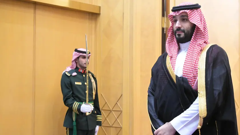 epa11014304 Saudi Arabian Crown Prince Mohammed bin Salman Al Saud waits for the arrival of Russian President Vladimir Putin, ahead of their meeting at Al Yamamah Palace in Riyadh, Saudi Arabia, 06 December 2023. During his one day working visits to UAE and Saudi Arabia, Putin will talk with the leaders of the countries, together with delegations that will include members of the government and representatives of the fuel and energy complex, and personally to discuss cooperation within OPEC+, Ukraine and the Middle East. EPA/ALEXEI NIKOLSKY / SPUTNIK / KREMLIN POOL MANDATORY CREDIT