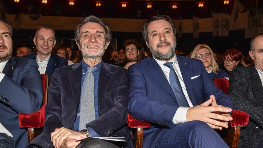 Attilio Fontana e Matteo Salvini all’incontro 'La Lega al governo, impegno per Milano e Lombardia” al Teatro Manzoni in vista delle elezioni regionali del 12 e 13 febbraio, 28 Gennaio 2023ANSA/MATTEO CORNER