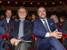 Attilio Fontana e Matteo Salvini all’incontro 'La Lega al governo, impegno per Milano e Lombardia” al Teatro Manzoni in vista delle elezioni regionali del 12 e 13 febbraio, 28 Gennaio 2023ANSA/MATTEO CORNER