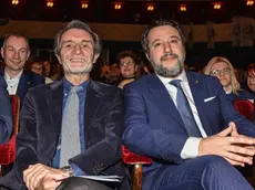 Attilio Fontana e Matteo Salvini all’incontro 'La Lega al governo, impegno per Milano e Lombardia” al Teatro Manzoni in vista delle elezioni regionali del 12 e 13 febbraio, 28 Gennaio 2023ANSA/MATTEO CORNER