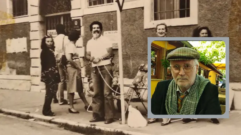 Il dottor Pagano incatenato davanti al tribunale durante una protesta. Nel riquadro, una sua foto recente