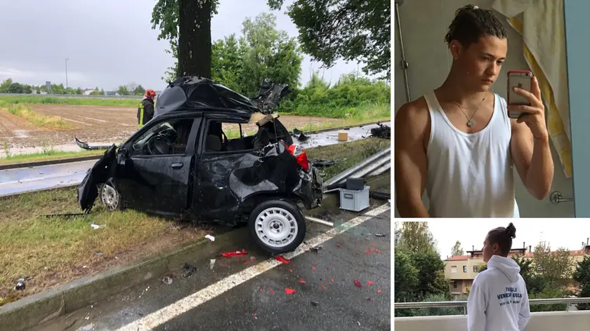 Alcune immagini di Leonardo Scarel dal profilo Instagram. A sinistra l’automobile del ventunenne finita contro un albero a Cervignano