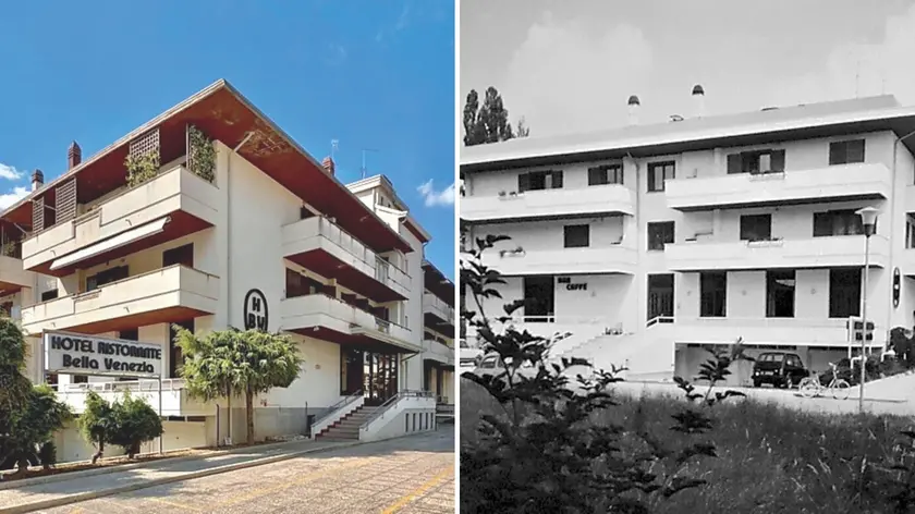 L’hotel ristorante Bella Venezia (in due foto di oggi e negli anni Settanta) è stato messo in vendita