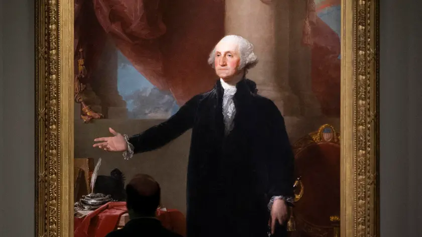 epa08679395 A person looks at the 'Lansdowne' life-size portrait of George Washington painted by Gilbert Stuart, in the exhibit 'America's Presidents' at the National Portrait Gallery, in Washington, DC, USA, 18 September 2020. The Smithsonian reopened four additional museums on 18 September, that were closed since mid-March as a public health precaution amidst the coronavirus COVID-19 pandemic. The four museums reopened are the National Museum of African American History and Culture, the Renwick Gallery, the National Portrait Gallery and the Smithsonian American Art Museum. EPA/MICHAEL REYNOLDS