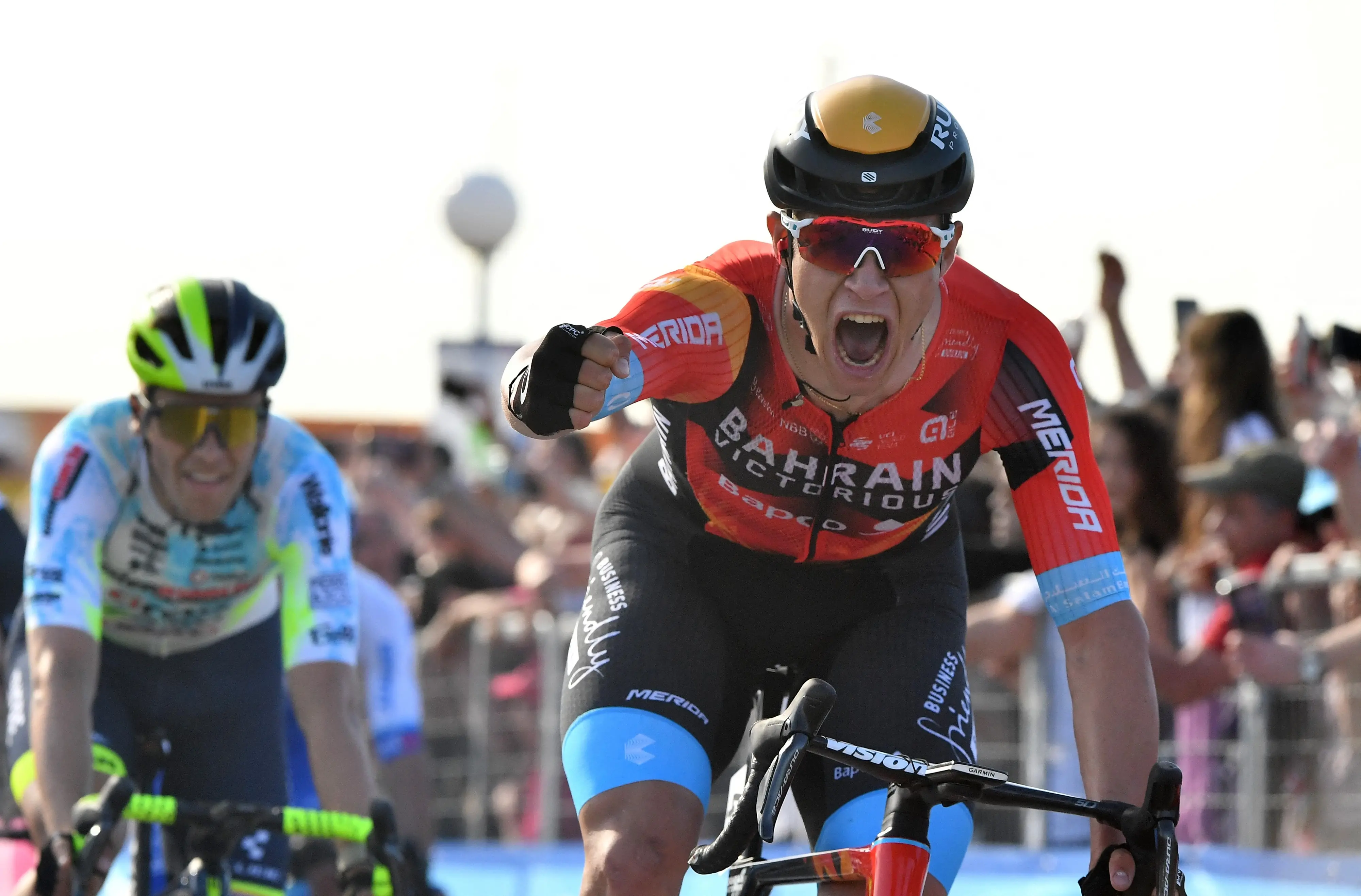 Cycling - Giro d'Italia - Stage 2 - Teramo to San Salvo - Italy - May 7, 2023 Bahrain – Victorious' Jonathan Milan celebrates winning stage 2 REUTERS/Jennifer Lorenzini