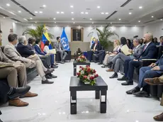 epa11296385 President of the National Electoral Council, Elvis Amoroso (C-R) meets with the Electoral affairs officer and boss of the delegation of the UN, Jorge Alberto Grayeb Munayer (C-L) during an encounter in Caracas, Venezuela, 23 April 2024. The UN committee will hold different reunions with representatives members of the public power and different politics associations. EPA/Miguel Gutierrez