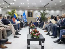 epa11296385 President of the National Electoral Council, Elvis Amoroso (C-R) meets with the Electoral affairs officer and boss of the delegation of the UN, Jorge Alberto Grayeb Munayer (C-L) during an encounter in Caracas, Venezuela, 23 April 2024. The UN committee will hold different reunions with representatives members of the public power and different politics associations. EPA/Miguel Gutierrez