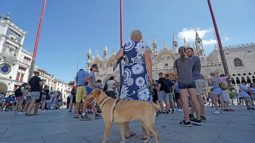 Turisti in attesa di entrare nella Basilica di San Marco a Venezia, 6 Agosto 2021. ANSA/ANDREA MEROLA